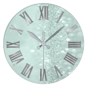 Mint Green Silver Glitter Grey Roman Numbers Large Clock