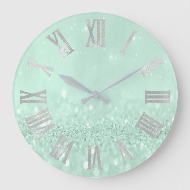 Mint Green Silver Paste Glitter Grey Roman Numbers Large Clock (Front)