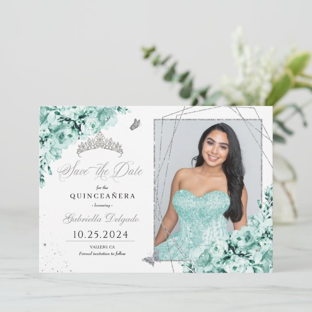 Mint Green Silver Quinceañera Save The Date Photo Invitation (Standing Front)