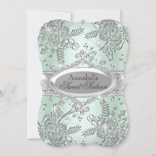 Mint Green Silver Sparkle Flower Sweet 16 Invitation