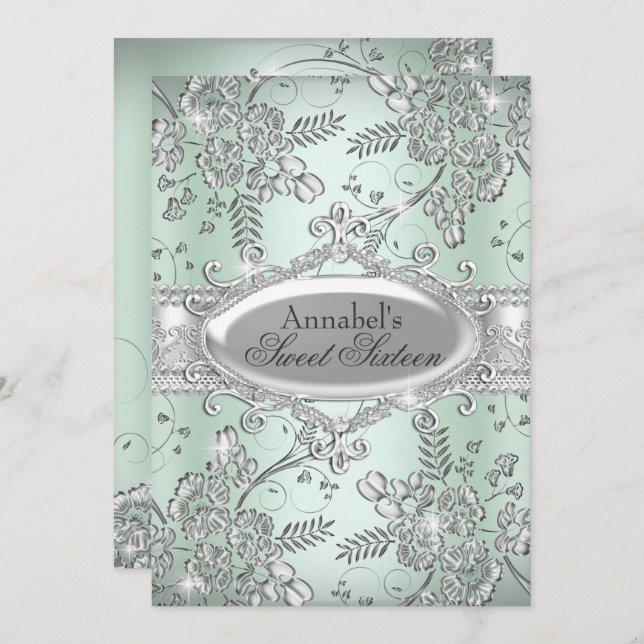 Mint Green Silver Sparkle Flower Sweet 16 Invitation (Front/Back)