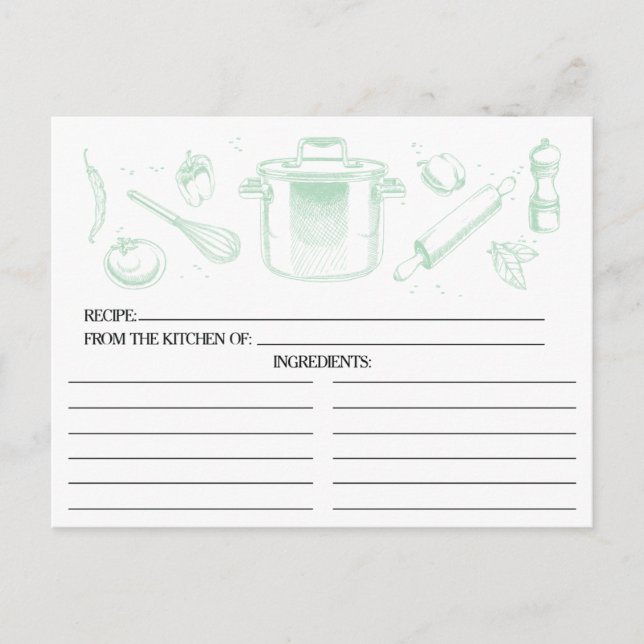 Mint Green Sketched Kitchen Tools Recipe Cards (Front)
