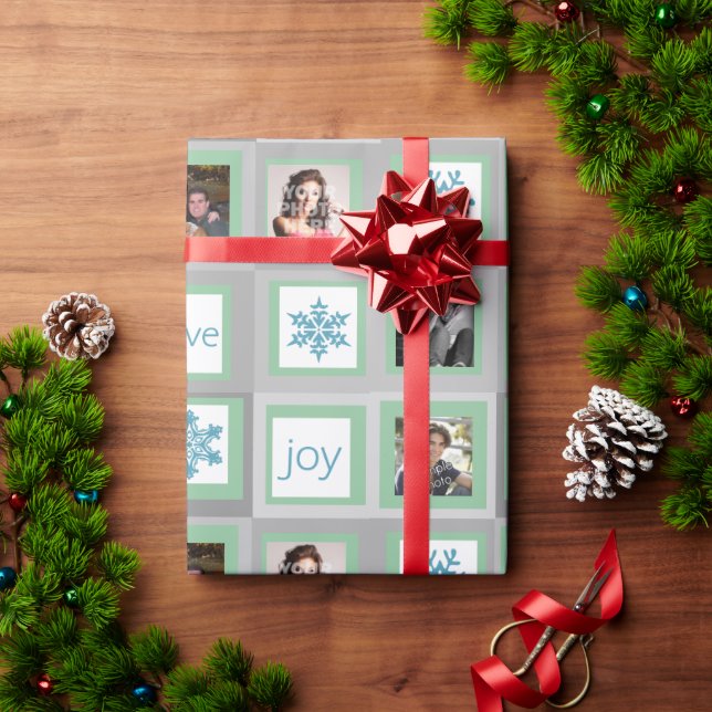 Mint Green Squares Personalised Photo Christmas Wrapping Paper (Holiday Gift)
