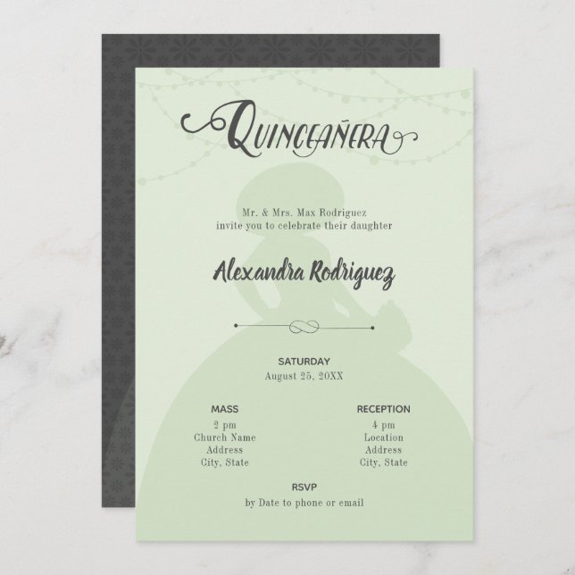 Mint Green & Steel Charro Silhouette Quinceanera Invitation (Front/Back)