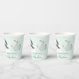 Mint Green Stork Baby Shower Paper Cups