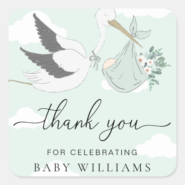 Mint Green Stork Baby Shower Thank You Square Sticker (Front)