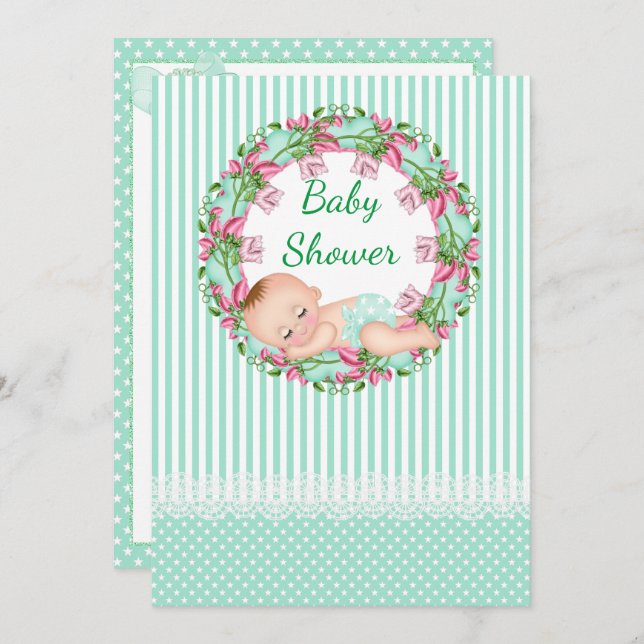 Mint Green Stripe Baby Shower Invitation (Front/Back)