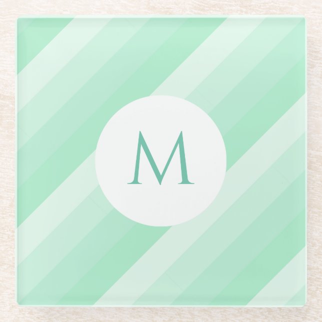 Mint Green Striped Modern Template Monogram Glass Coaster (Front)