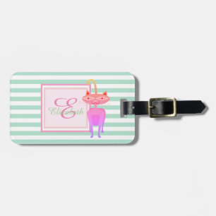 Mint Green Striped Monogram, Cat- Personalised Luggage Tag