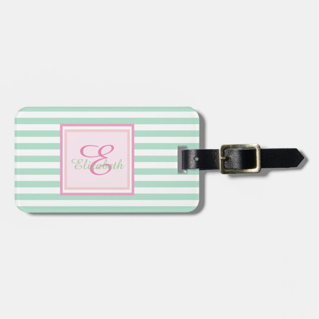 Mint Green  Striped Monogram-Personalised Luggage Tag (Front Horizontal)