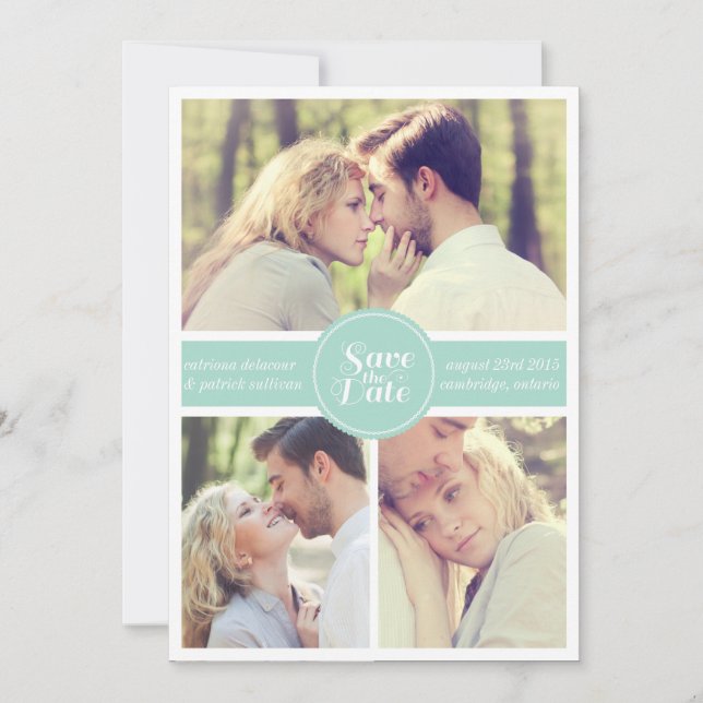Mint Green Striped Save the Date Announcement (Front)