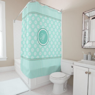 Mint Green Stripes and White Daisies With Monogram Shower Curtain