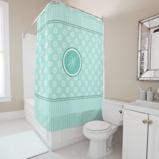 Mint Green Stripes and White Daisies With Monogram Shower Curtain (In Situ)
