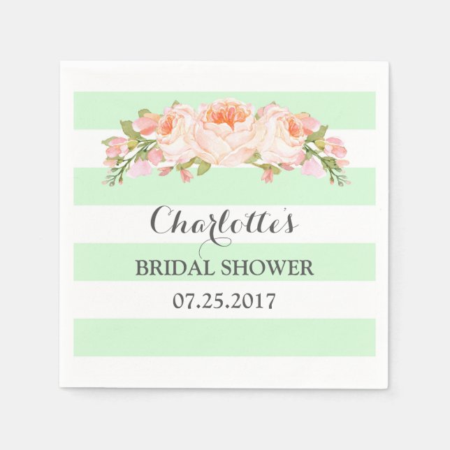 Mint Green Stripes Floral Bridal Shower Napkin (Front)