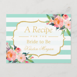 Mint Green Stripes Floral Bridal Shower Recipe Postcard