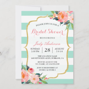 Mint Green Stripes   Floral Chic Bridal Shower Invitation