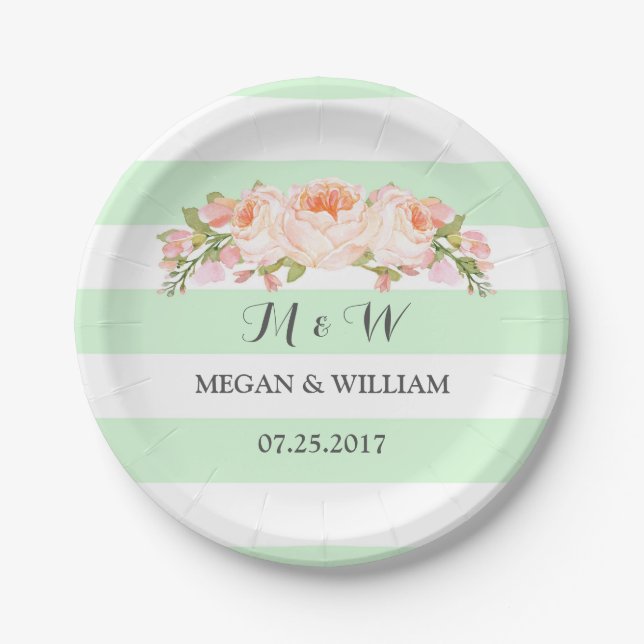 Mint Green Stripes Floral Wedding Plate (Front)