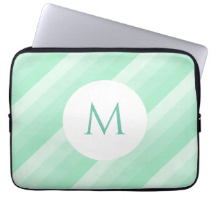 Mint Green Stripes Modern Monogrammed Trendy Laptop Sleeve