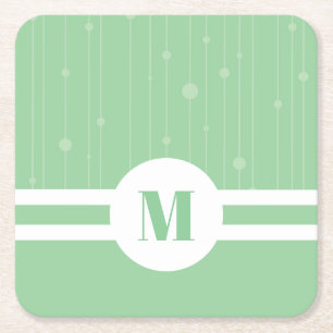 Mint green stripes monogram pastel modern  square paper coaster