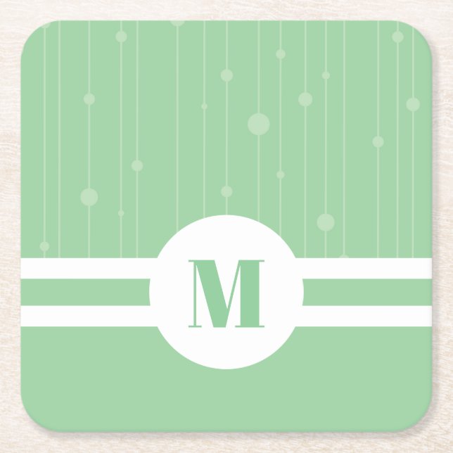 Mint green stripes monogram pastel modern  square paper coaster (Front)