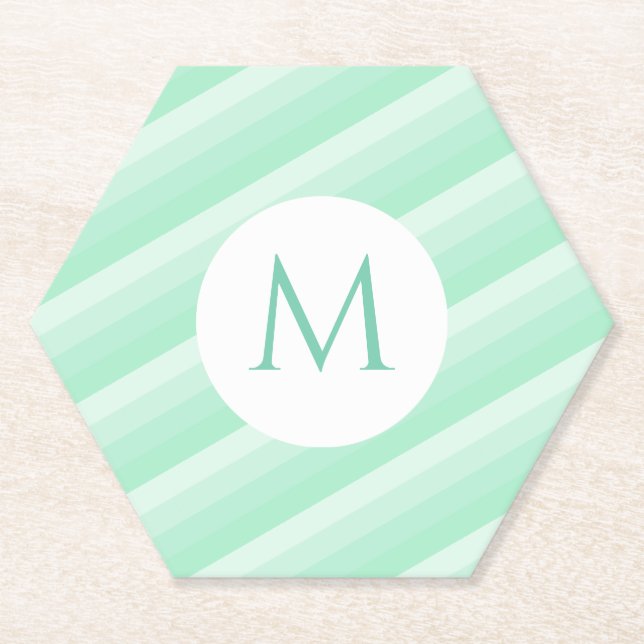 Mint Green Stripes Personalised Modern Monogram Paper Coaster (Front)