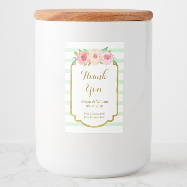Mint Green Stripes Pink Floral Gold Custom Label (Front)