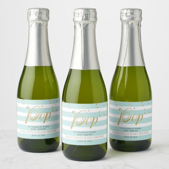 Mint Green Stripes She's Ready to Pop Sparkling Wine Label (Bottles)