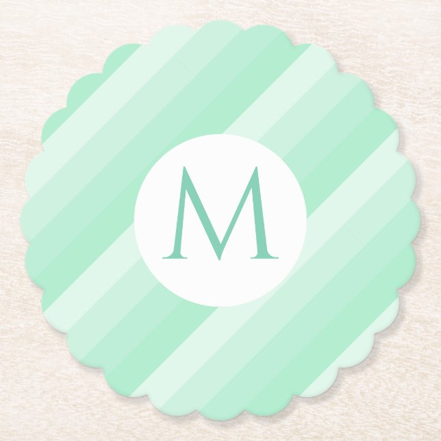 Mint Green Stripes Trendy Modern Monogram Template Paper Coaster (Front)