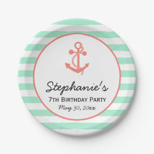 Mint Green Stripes with Coral Pink Anchor Birthday Paper Plate