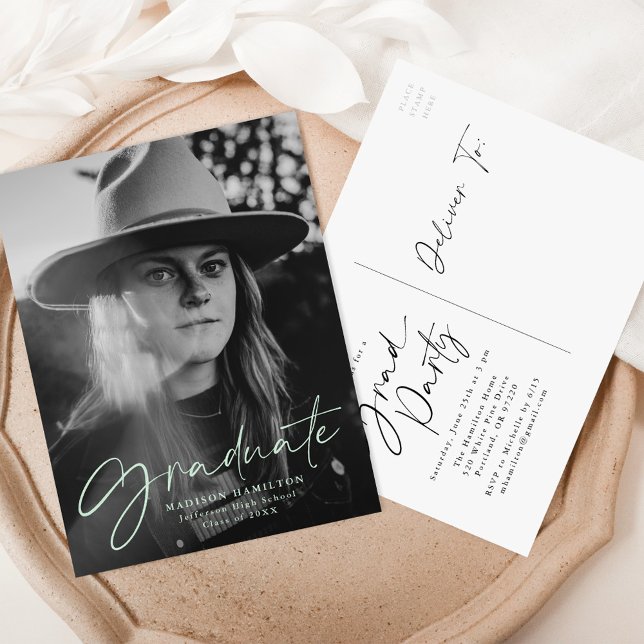 Mint Green Stylish Script Photo Graduation Party Invitation Postcard (Creator Uploaded)