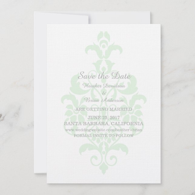 Mint Green Subtle Damask Save the Date Invite (Front)