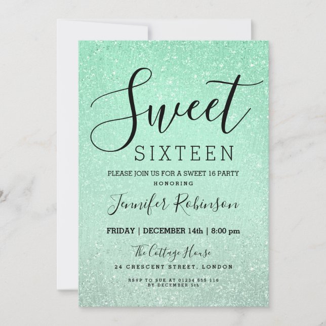 Mint Green Sweet 16 Birthday Glitter Look Paint Invitation (Front)