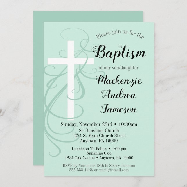 Mint Green Swirl Cross Baptism Invitation Girl Boy (Front/Back)
