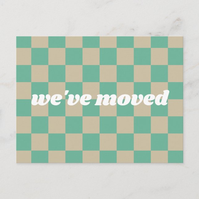 Mint Green Tan Chequerboard Retro We've Moved Postcard (Front)
