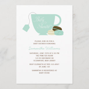 Mint Green Tea Cup and Macarons Baby Shower Invitation