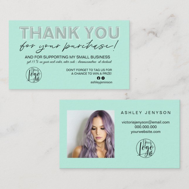 Mint green teal script photo logo order thank you business card (Front/Back)