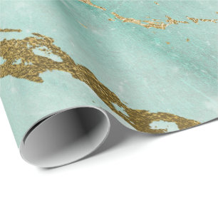 Mint Green Tiffany Aqua Gold Marble Shiny Glam Wrapping Paper