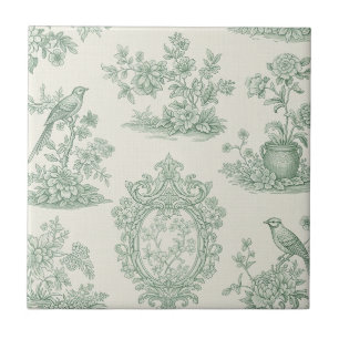 Mint Green Toile Floral and Bird Pattern Ceramic Tile