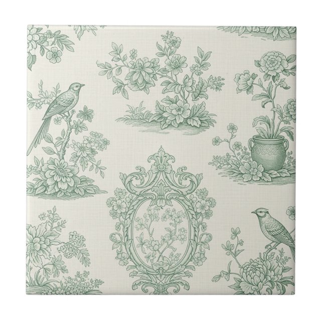 Mint Green Toile Floral and Bird Pattern Ceramic Tile (Front)