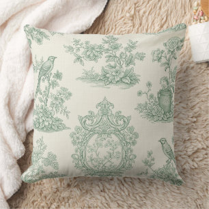 Mint Green Toile Floral and Bird Pattern Cushion