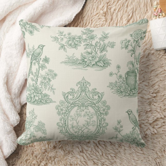 Mint Green Toile Floral and Bird Pattern Cushion (Blanket)