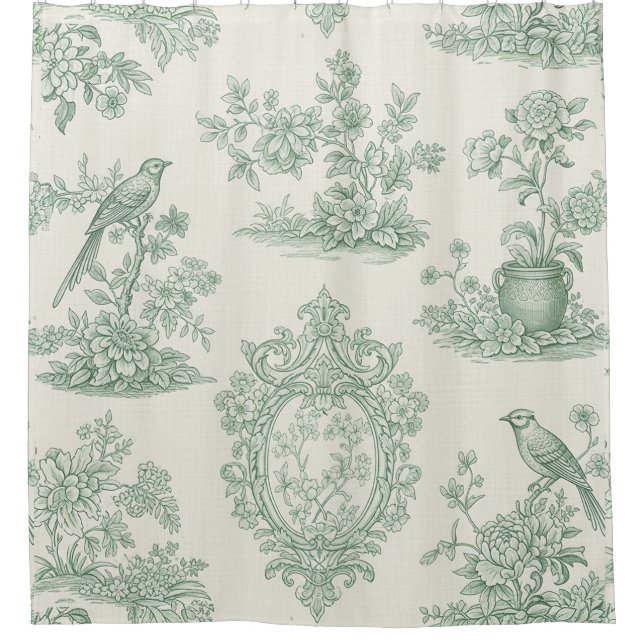 Mint Green Toile Floral and Bird Pattern Shower Curtain (Front)