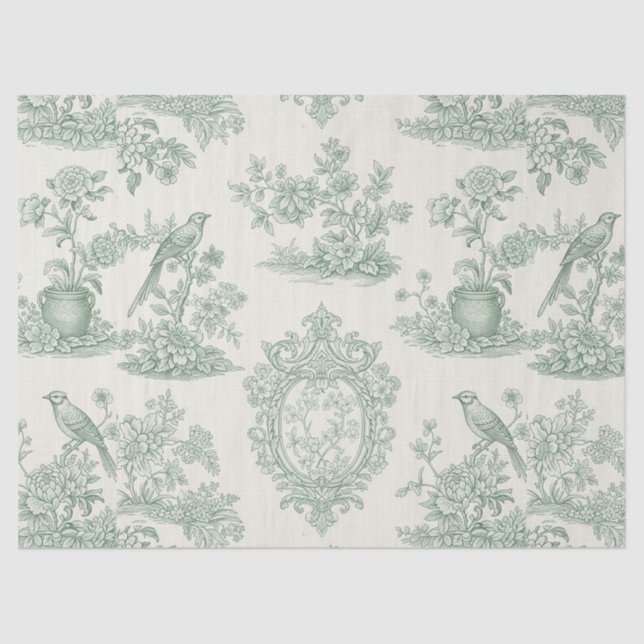 Mint Green Toile Floral and Bird Pattern Tissue Paper (Front)