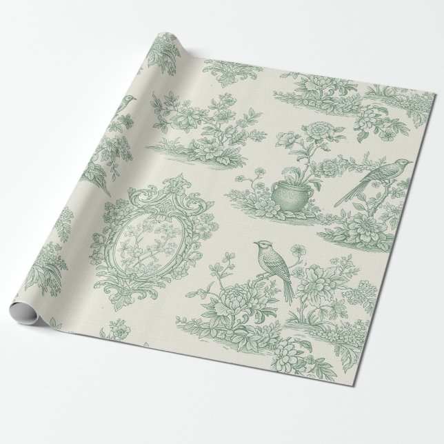 Mint Green Toile Floral and Bird Pattern Wrapping Paper (Unrolled)