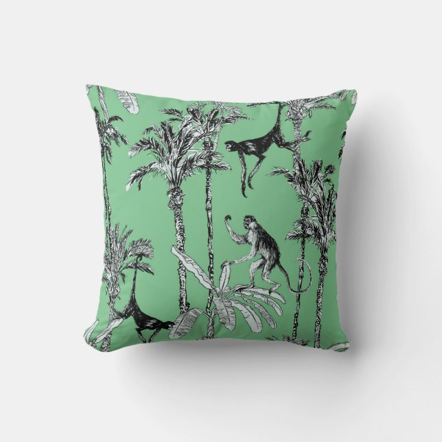 Mint Green Toile Monkey Print Cushion (Front)