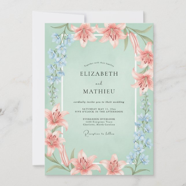 Mint Green Tranquil Lily Wedding Invitation (Front)