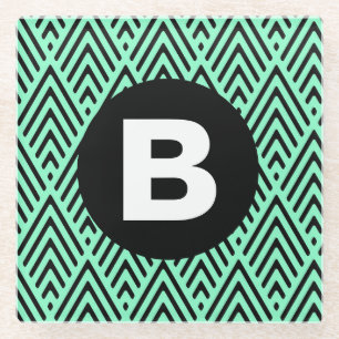 Mint Green Trendy Chevron Pattern Monogram Glass Coaster