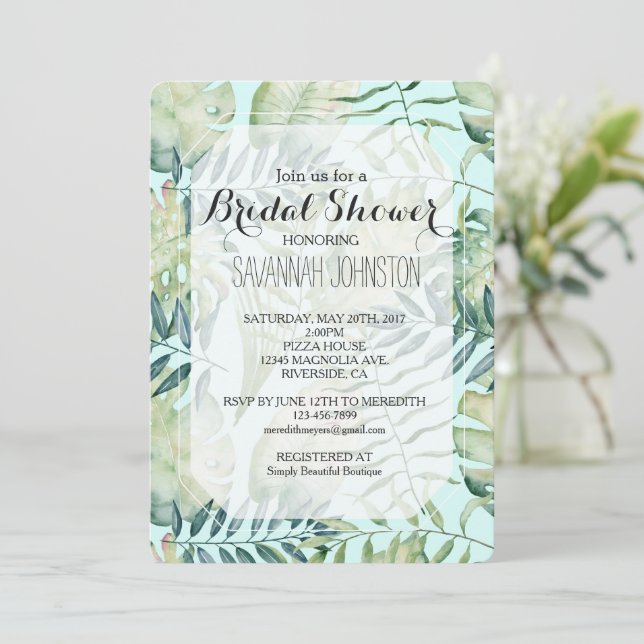 Mint Green Tropical Leaves Bridal Shower Invitation (Standing Front)