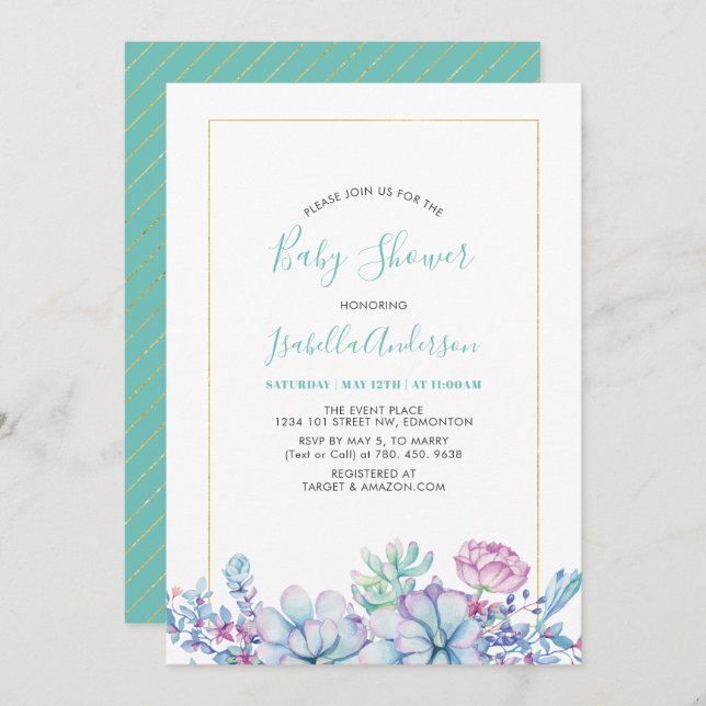Mint Green | Tropical Succulents Baby Shower Invitation (Front/Back)