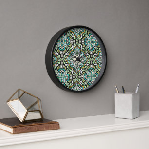 Mint Green Turquoise Hip Bohemian Bali Art Motif Clock